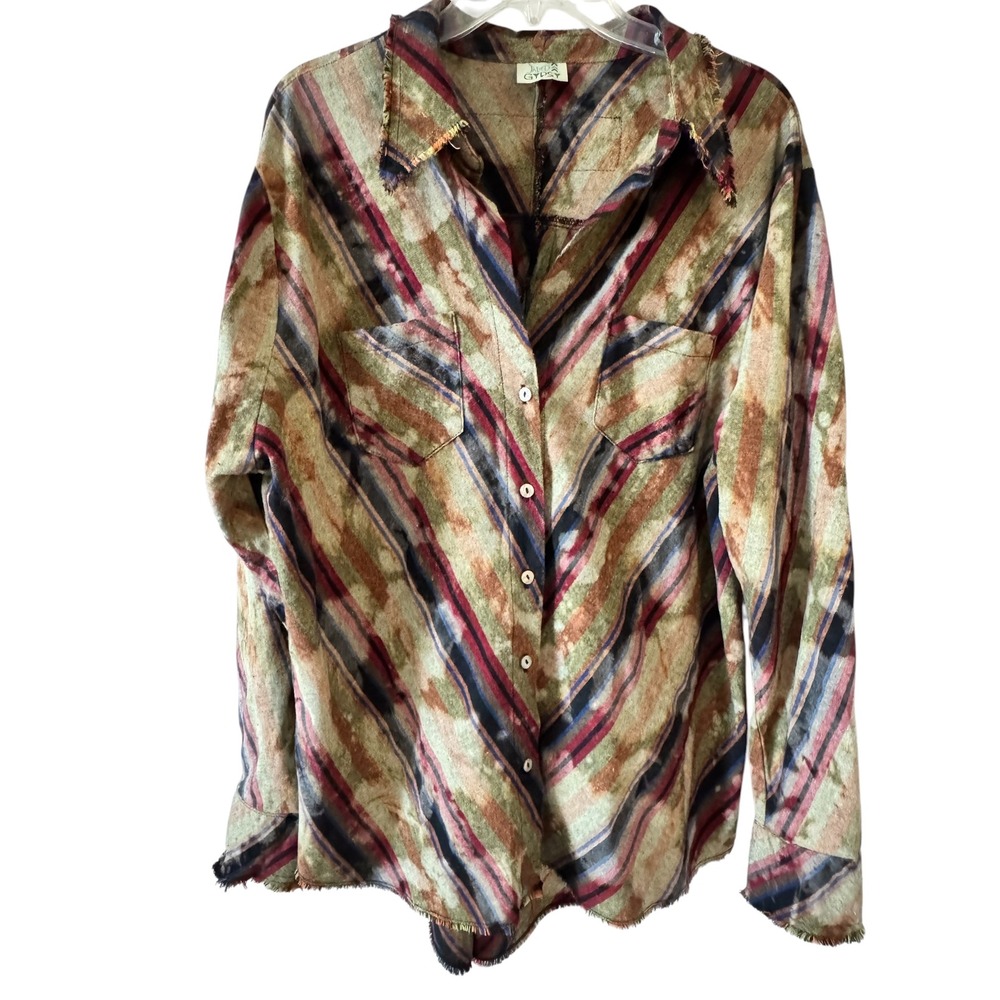 Jaded Gypsy Fade Away Top Womens L/XL Striped Frayed Button Down Cotton Shirt